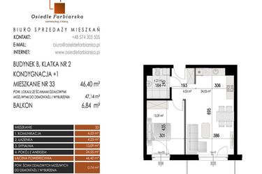 Rzut - Mieszkanie na sprzedaż 2 pokoje o powierzchni 46,4 m² - numer 33B w Osiedle Farbiarska II