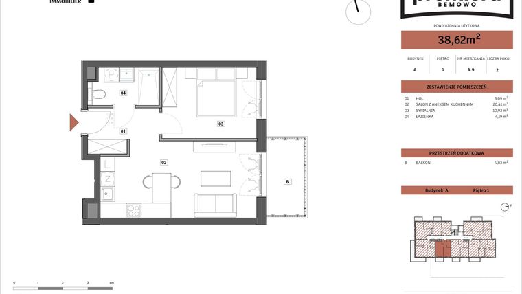 Rzut - Mieszkanie na sprzedaż 2 pokoje o powierzchni 38,62 m² - numer A.09 w Premiera Bemowo
