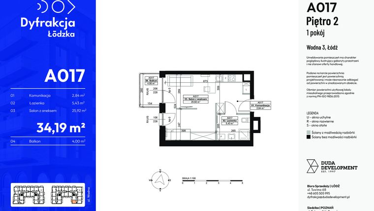 Rzut - Mieszkanie na sprzedaż 1 pokój o powierzchni 34,19 m² - numer A017 w Dyfrakcja Łódzka