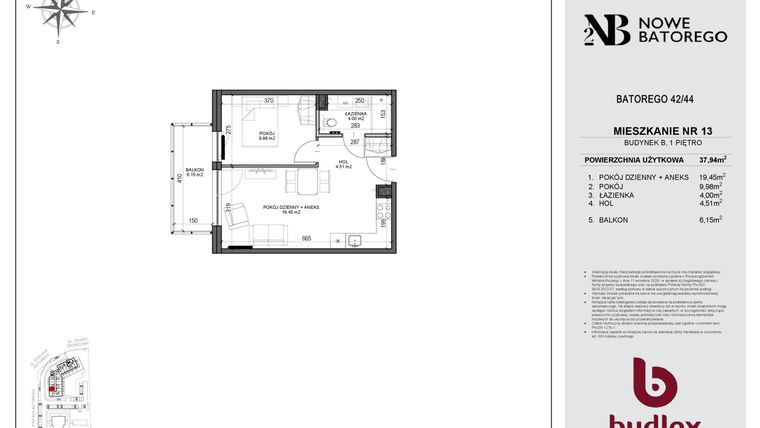 Rzut - Mieszkanie na sprzedaż 2 pokoje o powierzchni 37,94 m² - numer B13 w Nowe Batorego 2