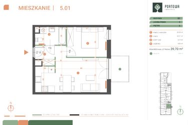 Rzut - Mieszkanie na sprzedaż 2 pokoje o powierzchni 39,7 m² - numer M.05.01 w Casa Feliz Portowa