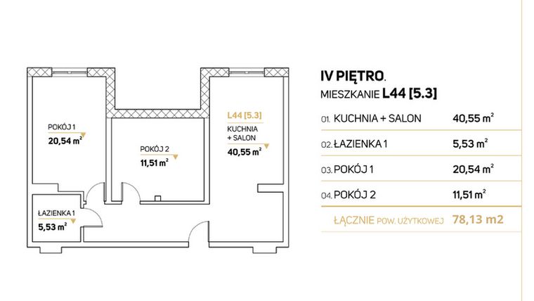 Rzut - Mieszkanie na sprzedaż 3 pokoje o powierzchni 78,13 m² - numer L44 w Zimowa Apartamenty