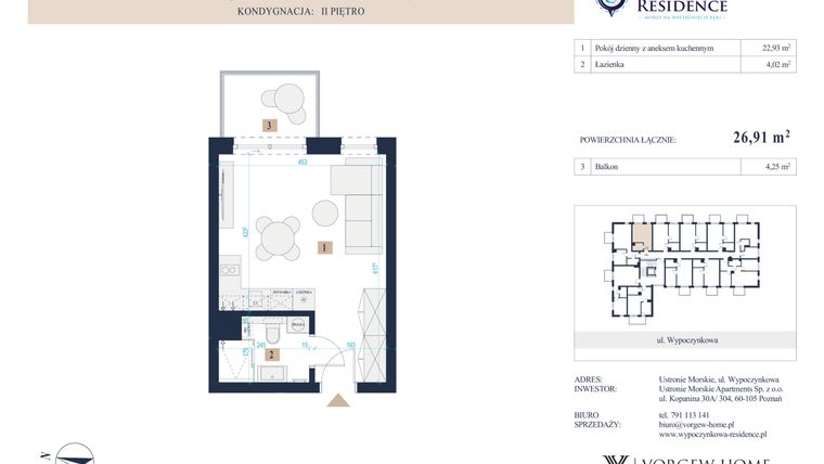 Rzut - Mieszkanie na sprzedaż 1 pokój o powierzchni 26,91 m² - numer 32 w Wypoczynkowa Residence