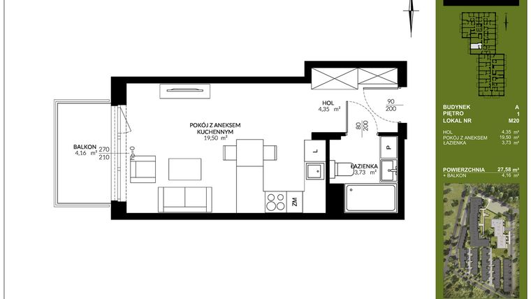 Rzut - Mieszkanie na sprzedaż 1 pokój o powierzchni 27,58 m² - numer A_M20 w Triton Kampinos III