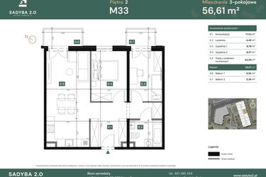 Rzut - Mieszkanie na sprzedaż 3 pokoje o powierzchni 56,61 m² - numer M33 w Sadyba 2.0