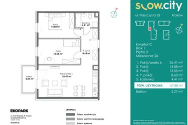 Rzut - Mieszkanie na sprzedaż 3 pokoje o powierzchni 67,88 m² - numer C1-26 w Slow City