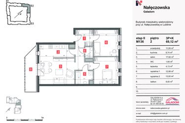 Rzut - Mieszkanie na sprzedaż 3 pokoje o powierzchni 69,12 m² - numer M-136 w Nałęczowska etap II