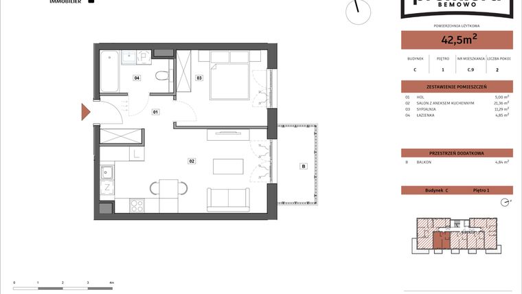 Rzut - Mieszkanie na sprzedaż 2 pokoje o powierzchni 42,5 m² - numer C.09 w Premiera Bemowo