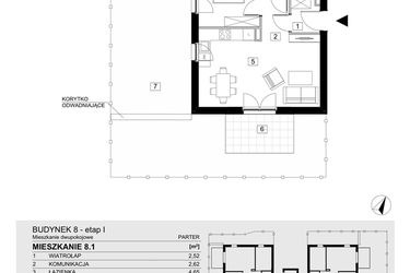 Rzut - Mieszkanie na sprzedaż 2 pokoje o powierzchni 43,42 m² - numer 8.1 w Jasieny