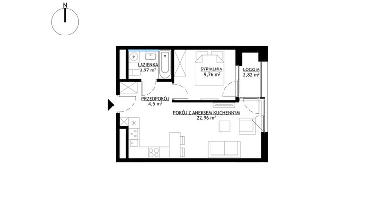 Rzut - Mieszkanie na sprzedaż 2 pokoje o powierzchni 41,19 m² - numer M69 w KrakoVska etap 2