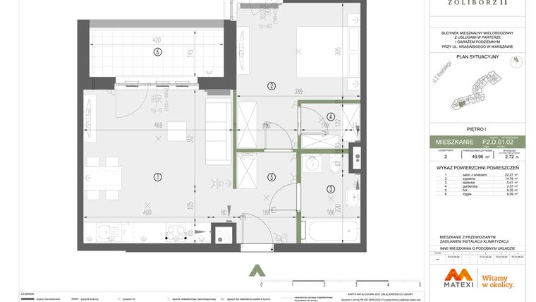 Rzut - Mieszkanie na sprzedaż 2 pokoje o powierzchni 49,96 m² - numer F2.D.01.02 w Sady Żoliborz II