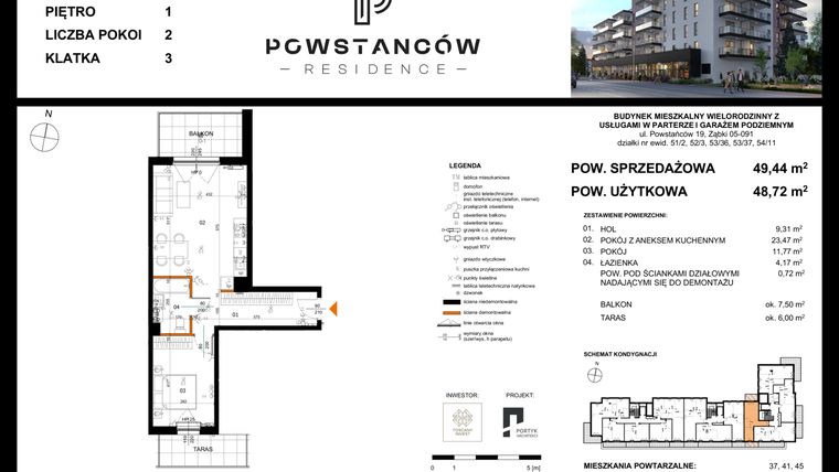 Rzut - Mieszkanie na sprzedaż 2 pokoje o powierzchni 49,44 m² - numer 33 w Powstańców Residence