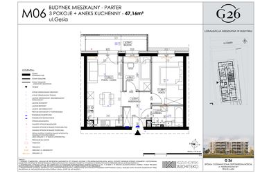Rzut - Mieszkanie na sprzedaż 3 pokoje o powierzchni 47,16 m² - numer 6 w Gęsia 26
