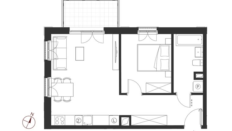 Rzut - Mieszkanie na sprzedaż 2 pokoje o powierzchni 46,61 m² - numer B.1.12 w Apartamenty Symfonia