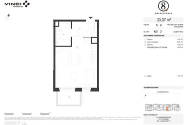 Rzut - Mieszkanie na sprzedaż 1 pokój o powierzchni 33,07 m² - numer A/3/5.2 w Smardzewska 8