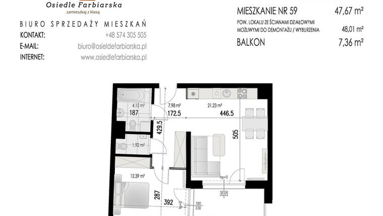 Rzut - Mieszkanie na sprzedaż 2 pokoje o powierzchni 47,67 m² - numer 59B w Osiedle Farbiarska II