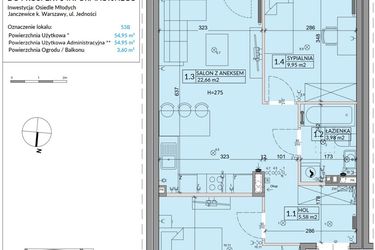 Rzut - Mieszkanie na sprzedaż 3 pokoje o powierzchni 54,95 m² - numer 53B w Osiedle Młodych etap VIII