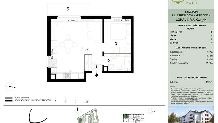 Rzut - Mieszkanie na sprzedaż 2 pokoje o powierzchni 43,96 m² - numer A.1.14 w Bukovo Park