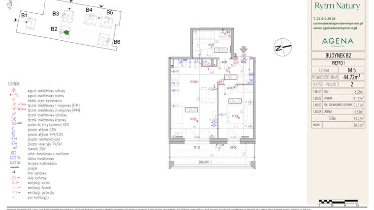 Rzut - Mieszkanie na sprzedaż 2 pokoje o powierzchni 44,72 m² - numer B2M5 w Rytm Natury