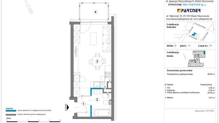 Rzut - Mieszkanie na sprzedaż 1 pokój o powierzchni 28,4 m² - numer B.1.74 w Daszyńskiego Square etap 1