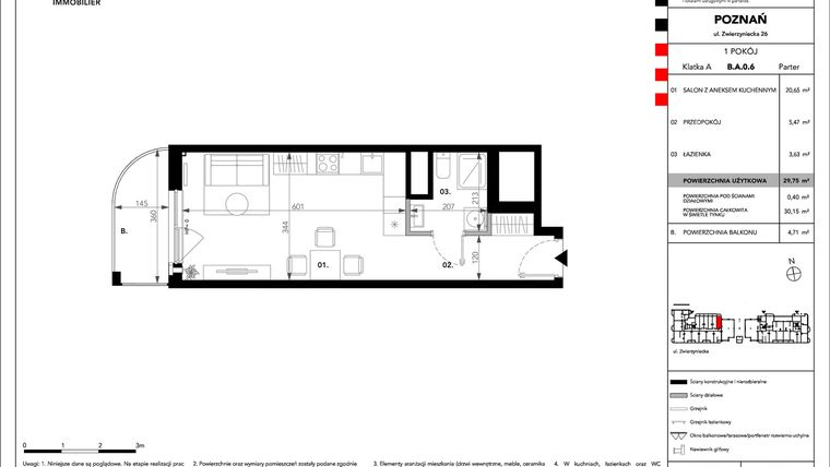 Rzut - Mieszkanie na sprzedaż 1 pokój o powierzchni 29,75 m² - numer B.A.0.6 w Zajezdnia