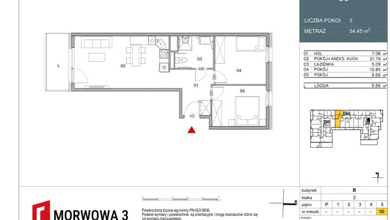 Rzut - Mieszkanie na sprzedaż 3 pokoje o powierzchni 54,45 m² - numer 56 w Morwowa 3