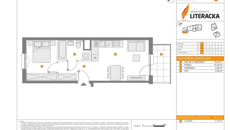 Rzut - Mieszkanie na sprzedaż 2 pokoje o powierzchni 39,15 m² - numer B.44 w Apartamenty Literacka