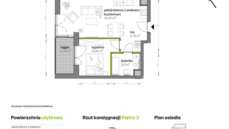 Rzut - Mieszkanie na sprzedaż 2 pokoje o powierzchni 47,09 m² - numer AA0307 w Ptasia Vita