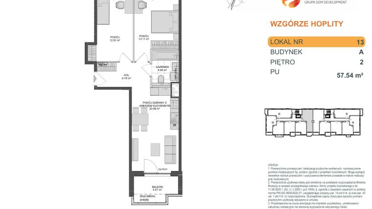 Rzut - Mieszkanie na sprzedaż 3 pokoje o powierzchni 57,54 m² - numer 1_1_A_2_13 w Wzgórze Hoplity