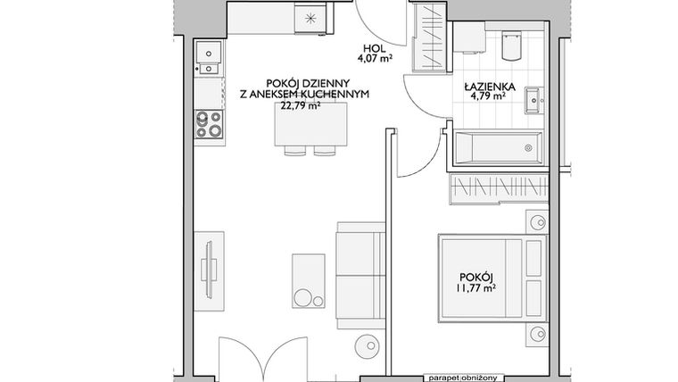 Rzut - Mieszkanie na sprzedaż 2 pokoje o powierzchni 44,58 m² - numer WO/P33/21 w Wiszące Ogrody