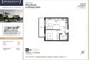 Rzut - Mieszkanie na sprzedaż 2 pokoje o powierzchni 40,95 m² - numer B31 w Mickiewicza