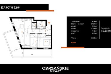 Rzut - Mieszkanie na sprzedaż 3 pokoje o powierzchni 62,35 m² - numer 22/9 w Odrzańskie Bulvary