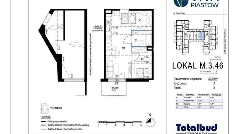 Rzut - Mieszkanie na sprzedaż 2 pokoje o powierzchni 39,98 m² - numer M.3.46 w Viva Piastów
