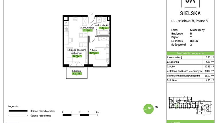 Rzut - Mieszkanie na sprzedaż 2 pokoje o powierzchni 38,77 m² - numer B.3.26 w JA_SIELSKA V