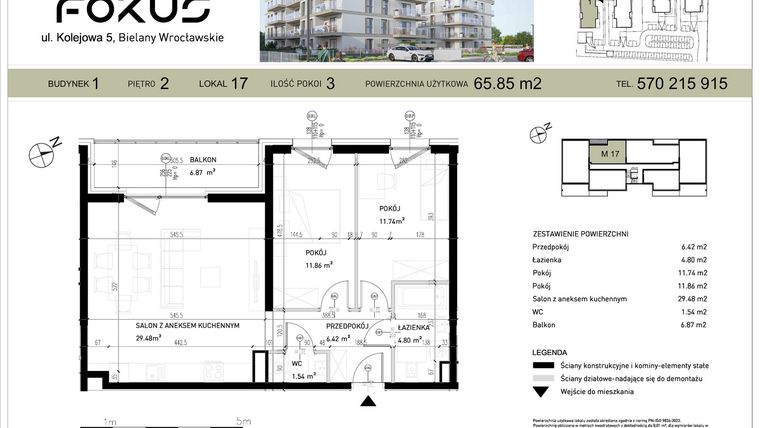 Rzut - Mieszkanie na sprzedaż 3 pokoje o powierzchni 65,85 m² - numer I.17 w Fokus Bielany