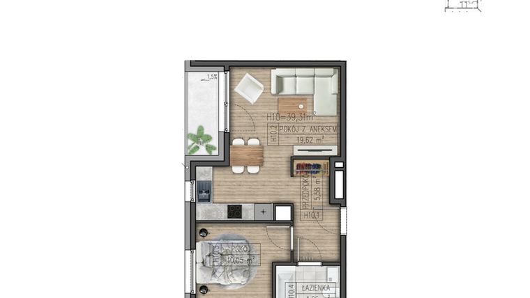 Rzut - Mieszkanie na sprzedaż 2 pokoje o powierzchni 39,31 m² - numer H10 w Osiedle Parkowe