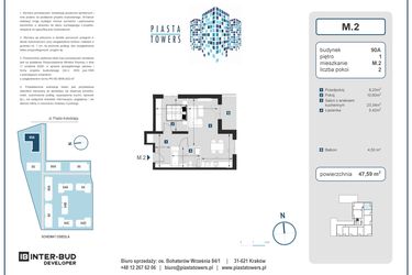 Rzut - Mieszkanie na sprzedaż 2 pokoje o powierzchni 47,59 m² - numer 2 w Piasta Towers bud. 90A