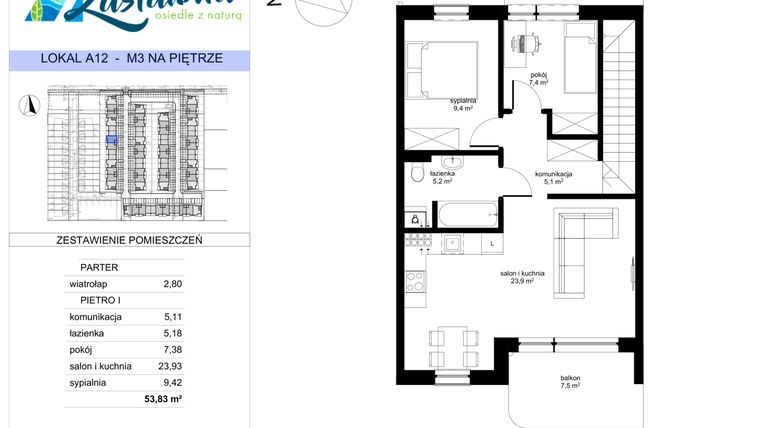 Rzut - Mieszkanie na sprzedaż 3 pokoje o powierzchni 53,83 m² - numer A.12 w Zastawna OdNova