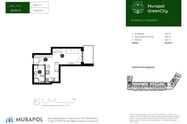Rzut - Mieszkanie na sprzedaż 1 pokój o powierzchni 26,24 m² - numer 1.A.3.12 w Murapol GreenCity bud. 1