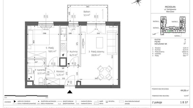 Rzut - Mieszkanie na sprzedaż 2 pokoje o powierzchni 44,12 m² - numer B4/1/B37 w Bemowo Vita