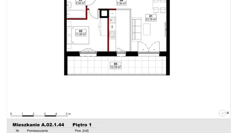 Rzut - Mieszkanie na sprzedaż 2 pokoje o powierzchni 47,17 m² - numer A02.1.44 w Skwer Witosa