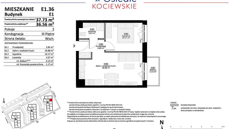 Rzut - Mieszkanie na sprzedaż 2 pokoje o powierzchni 36,56 m² - numer E1.36 w Osiedle Kociewskie bud. E