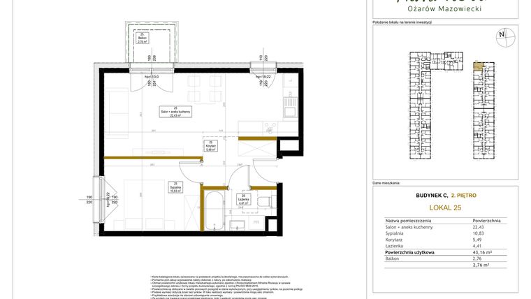 Rzut - Mieszkanie na sprzedaż 2 pokoje o powierzchni 43,16 m² - numer 25 w Aura Nova etap II