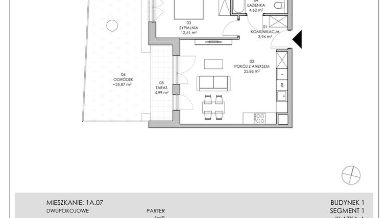 Rzut - Mieszkanie na sprzedaż 2 pokoje o powierzchni 47,05 m² - numer 1A.07 w Skwer Harmonia II