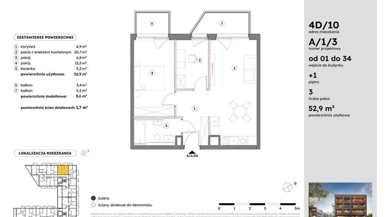Rzut - Mieszkanie na sprzedaż 3 pokoje o powierzchni 52,9 m² - numer A/1/3 w Osiedle Mateckiego 4ALL