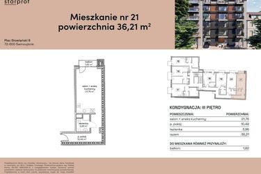 Rzut - Mieszkanie na sprzedaż 1 pokój o powierzchni 36,21 m² - numer M21 w Plac Słowiański 9
