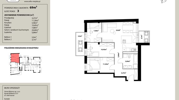 Rzut - Mieszkanie na sprzedaż 4 pokoje o powierzchni 70,41 m² - numer M 1.1 w Willa Robocza 48