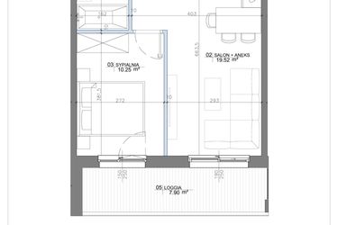 Rzut - Mieszkanie na sprzedaż 2 pokoje o powierzchni 36,88 m² - numer 4.04 w Apartamenty Potulickiego