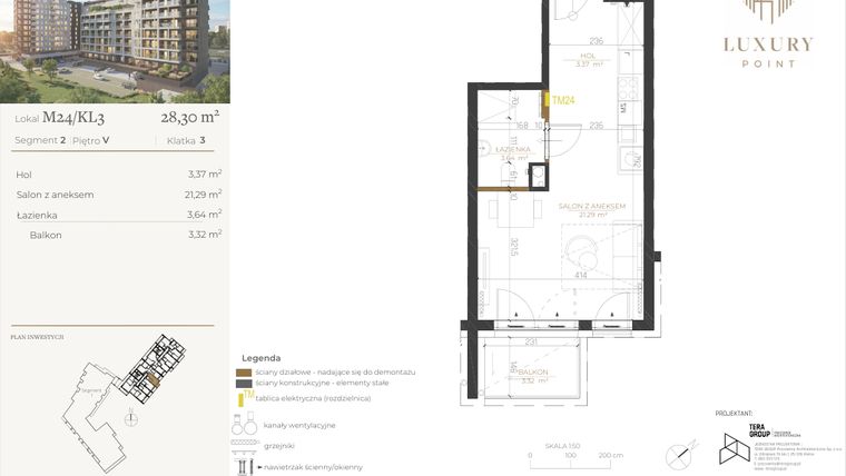 Rzut - Mieszkanie na sprzedaż 1 pokój o powierzchni 28,3 m² - numer M24/KL3 w LUXURY POINT