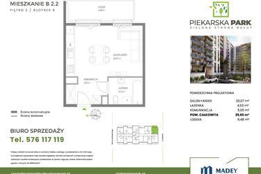 Rzut - Mieszkanie na sprzedaż 1 pokój o powierzchni 29,65 m² - numer B2.2 w Piekarska Park